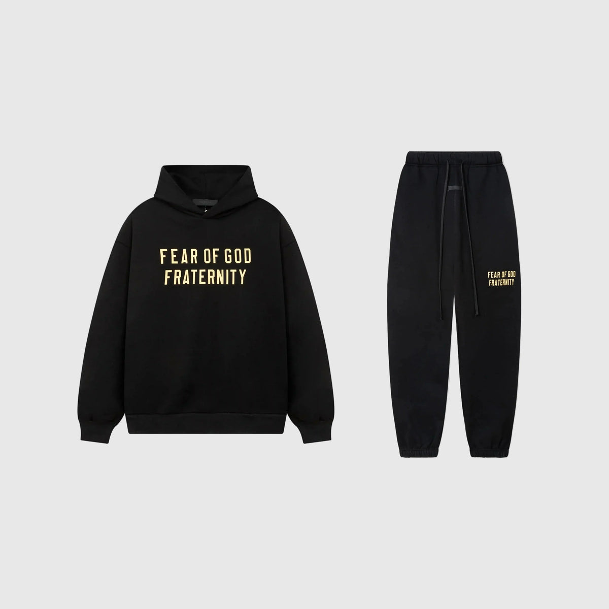 Fear of God Essentials Black Tracksuit – Rubber Logo Hoodie & Jogger Set