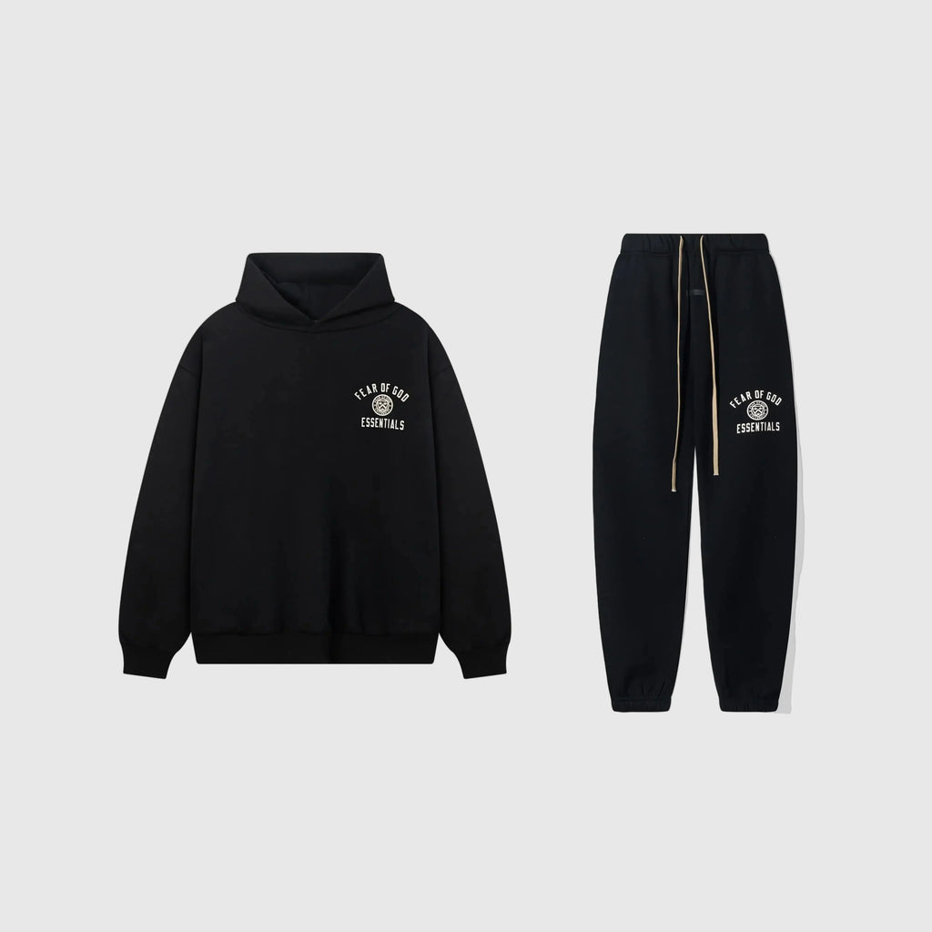 Fear of God Essentials Black Tracksuit – Rubber Logo Hoodie & Jogger Set