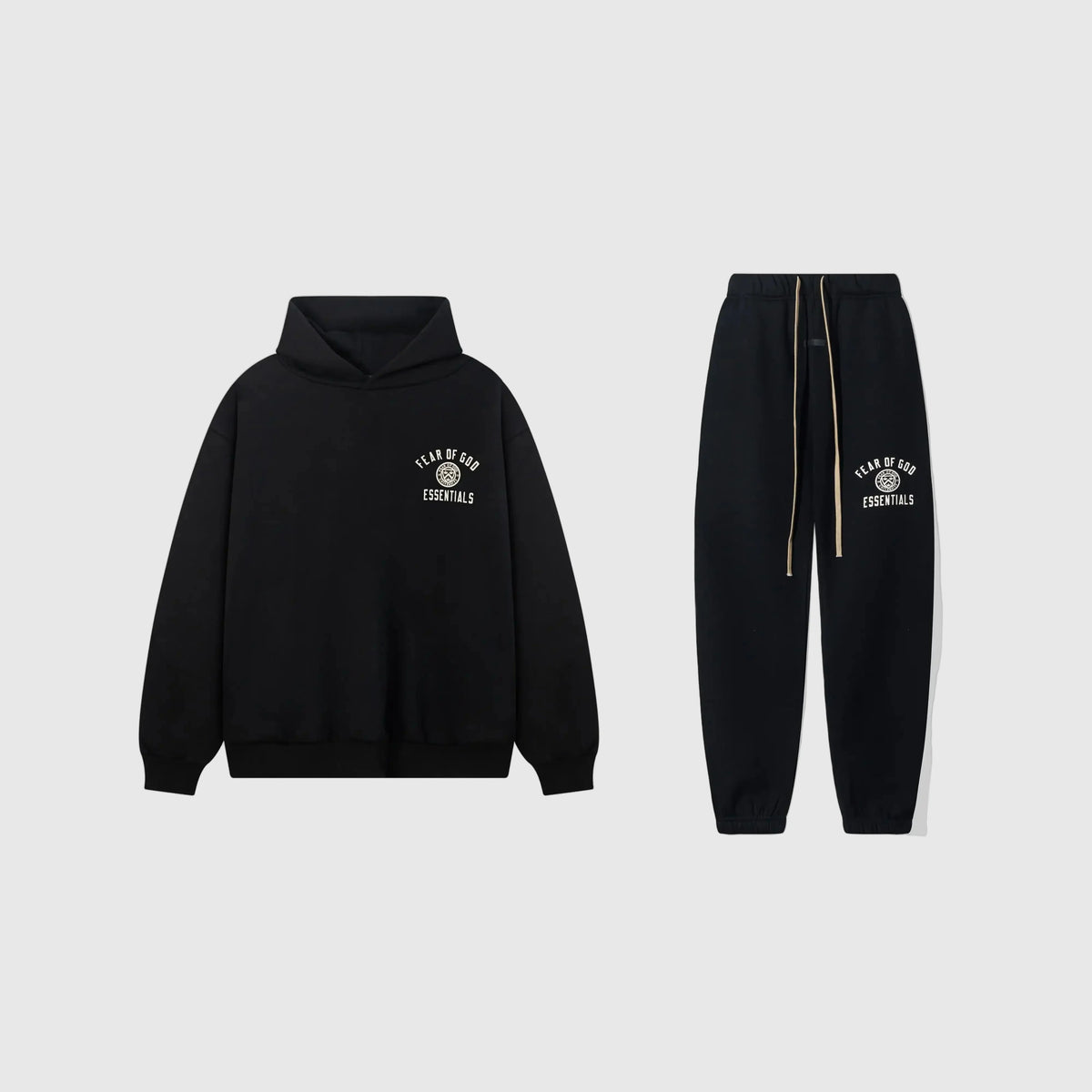 Fear of God Essentials Black Tracksuit – Rubber Logo Hoodie & Jogger Set