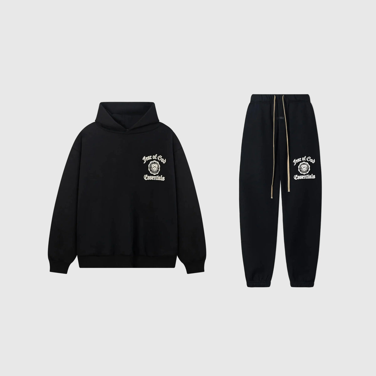 Fear of God Essentials Black Tracksuit – Rubber Logo Hoodie & Jogger Set
