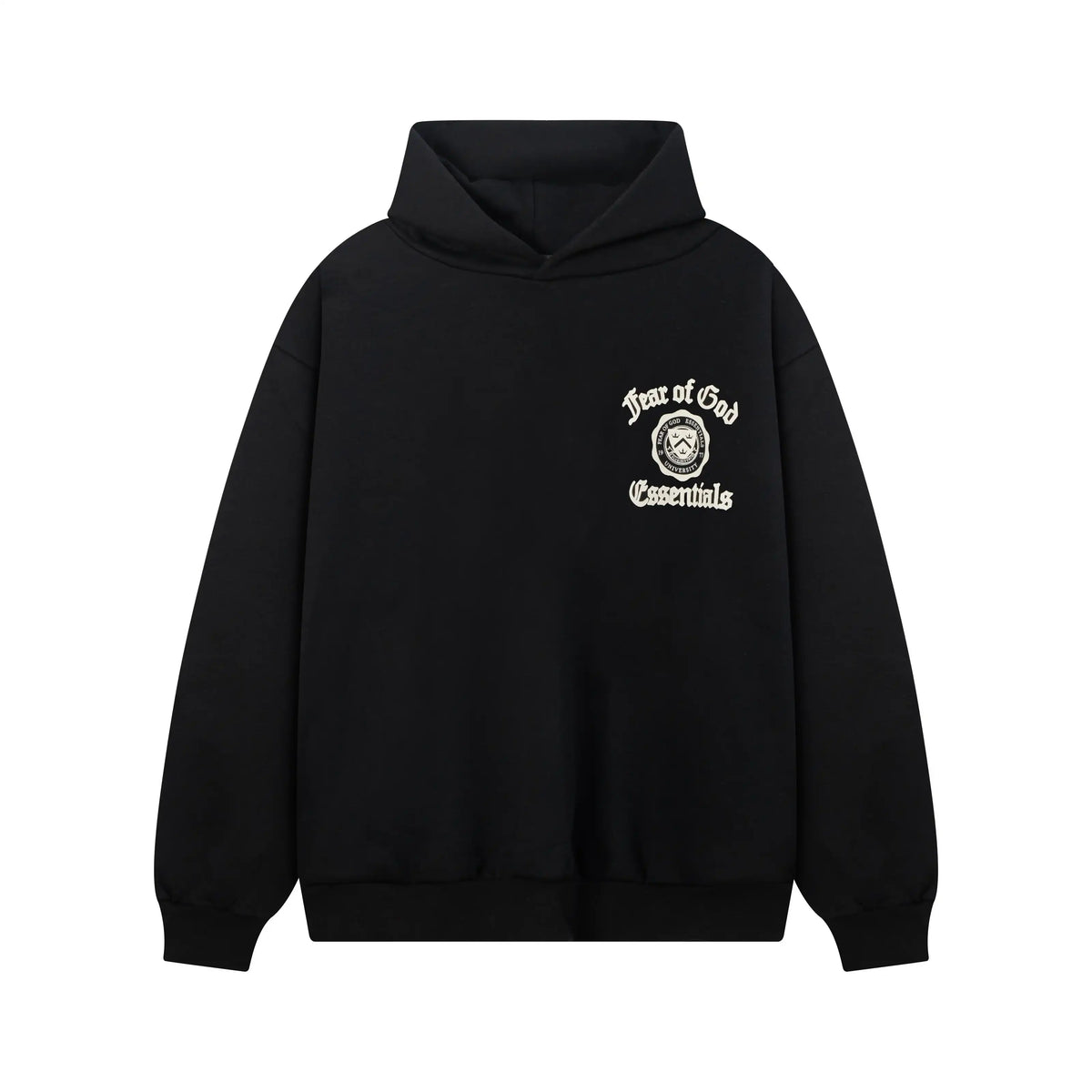 Fear of God Essentials Black Tracksuit – Rubber Logo Hoodie & Jogger Set