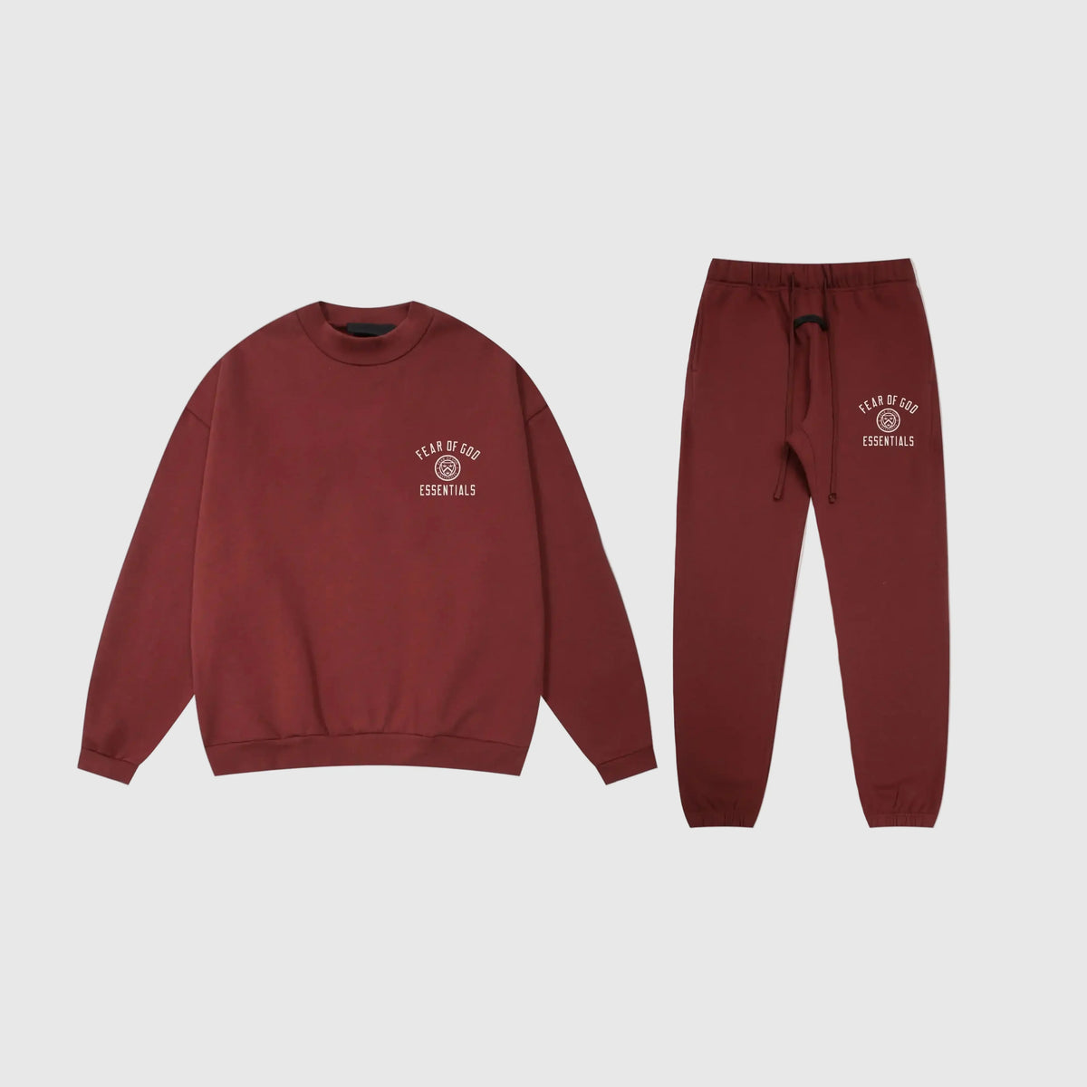 Fear of God Essentials Dark Chestnut Tracksuit – Classic Fit Crewneck & Jogger Set