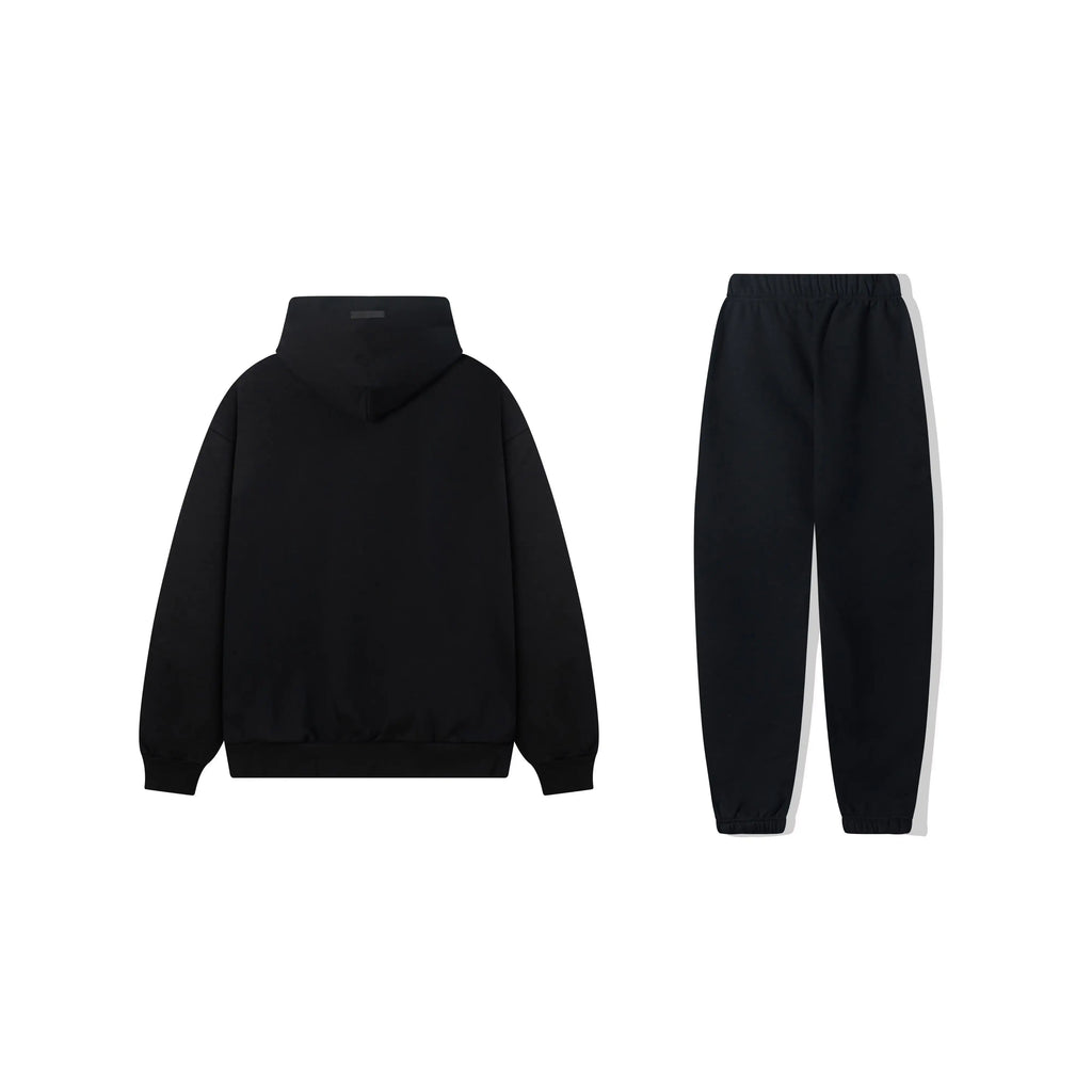 Fear of God Essentials Black Tracksuit – Rubber Logo Hoodie & Jogger Set