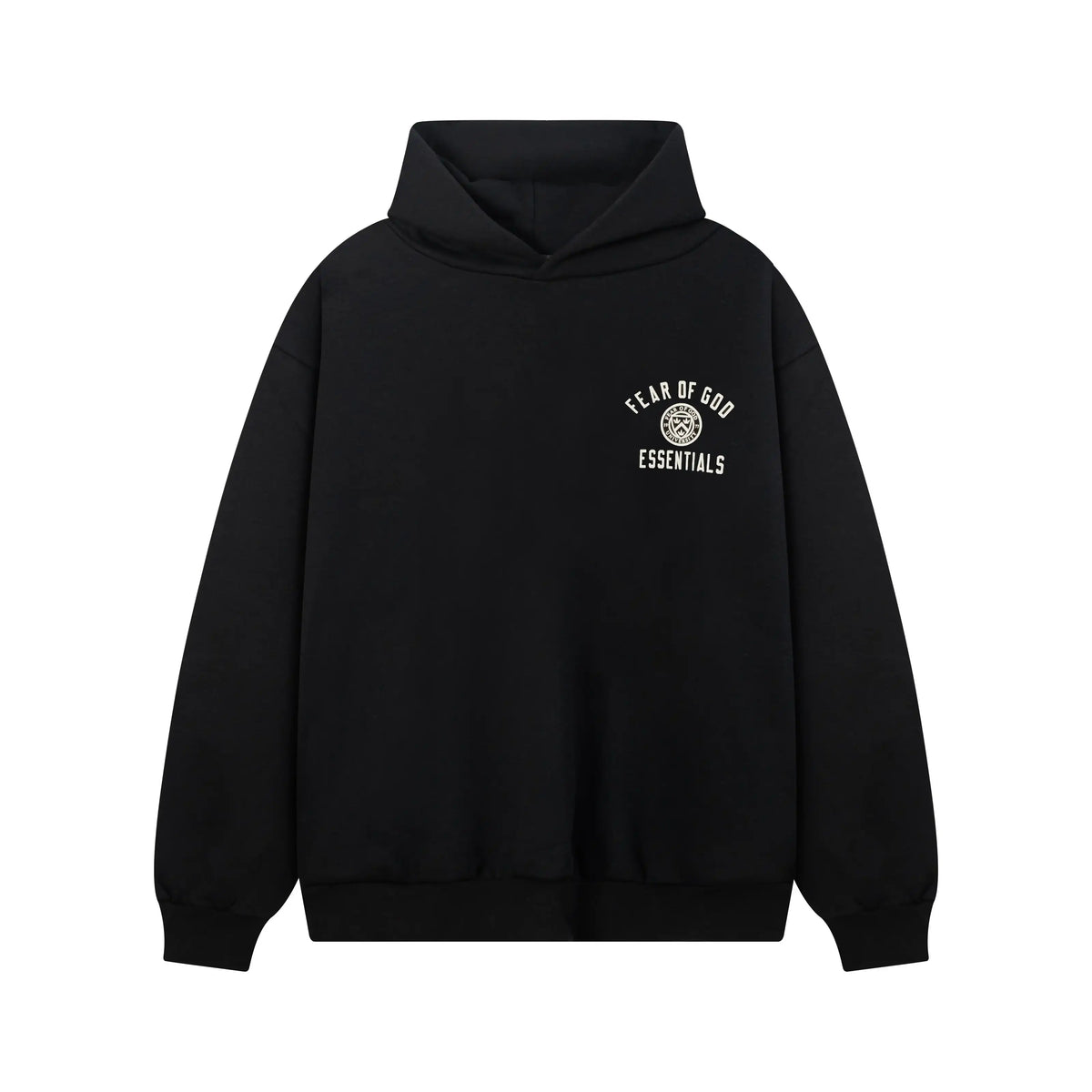 Fear of God Essentials Black Tracksuit – Rubber Logo Hoodie & Jogger Set