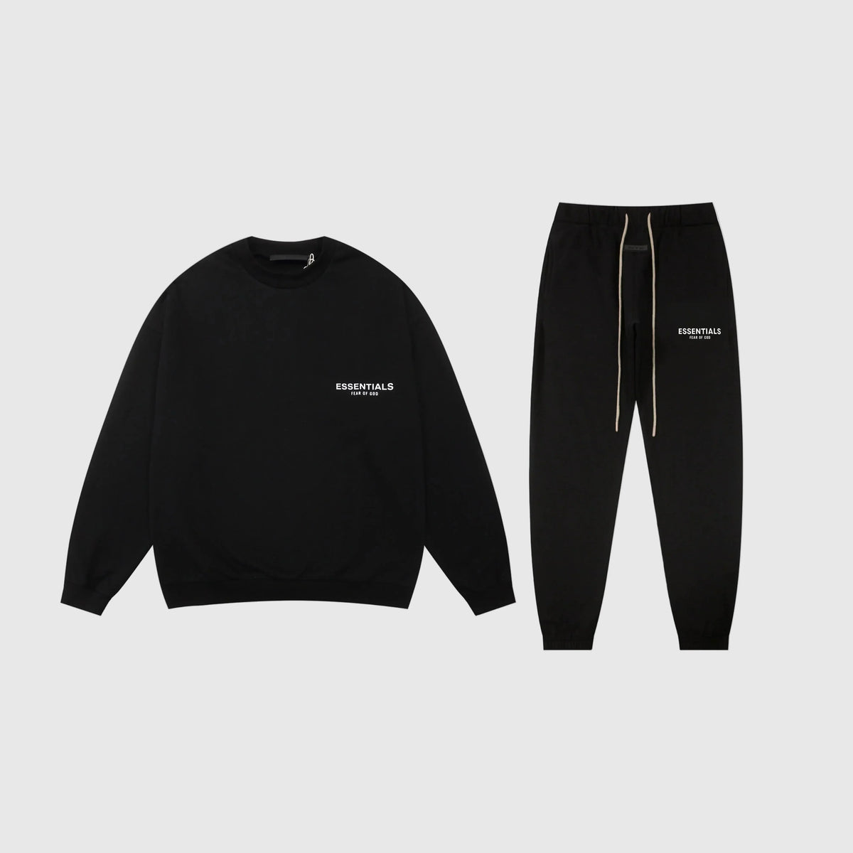 Fear of God Essentials Black Tracksuit – Classic Fit Crewneck & Jogger Set