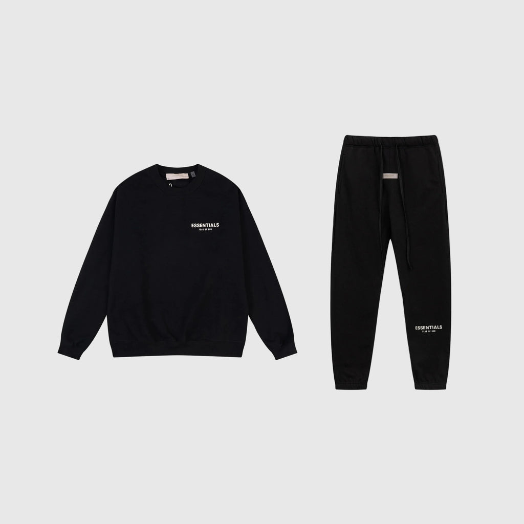 Fear of God Essentials Black Tracksuit – Classic Fit Crewneck & Jogger Set