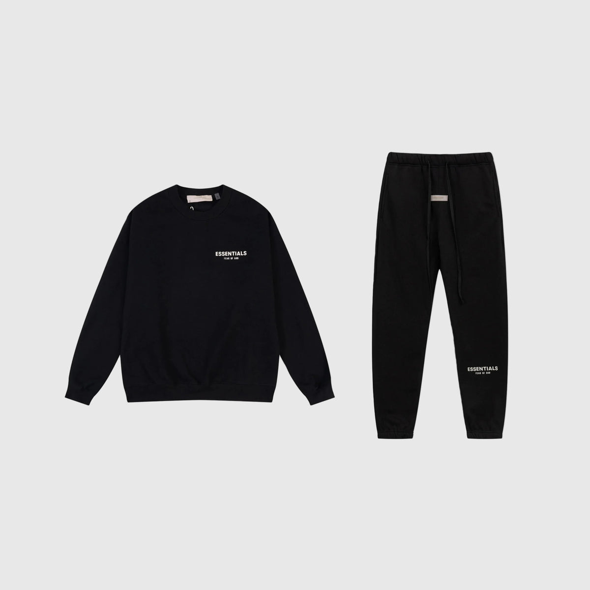 Fear of God Essentials Black Tracksuit – Classic Fit Crewneck & Jogger Set