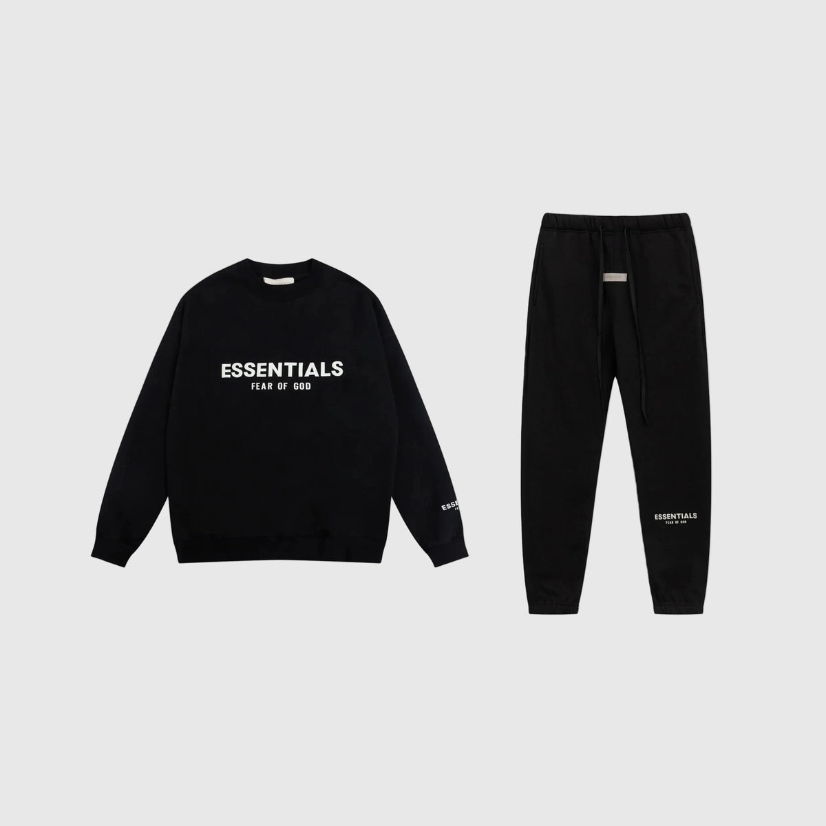Fear of God Essentials Black Tracksuit – Classic Fit Crewneck & Jogger Set