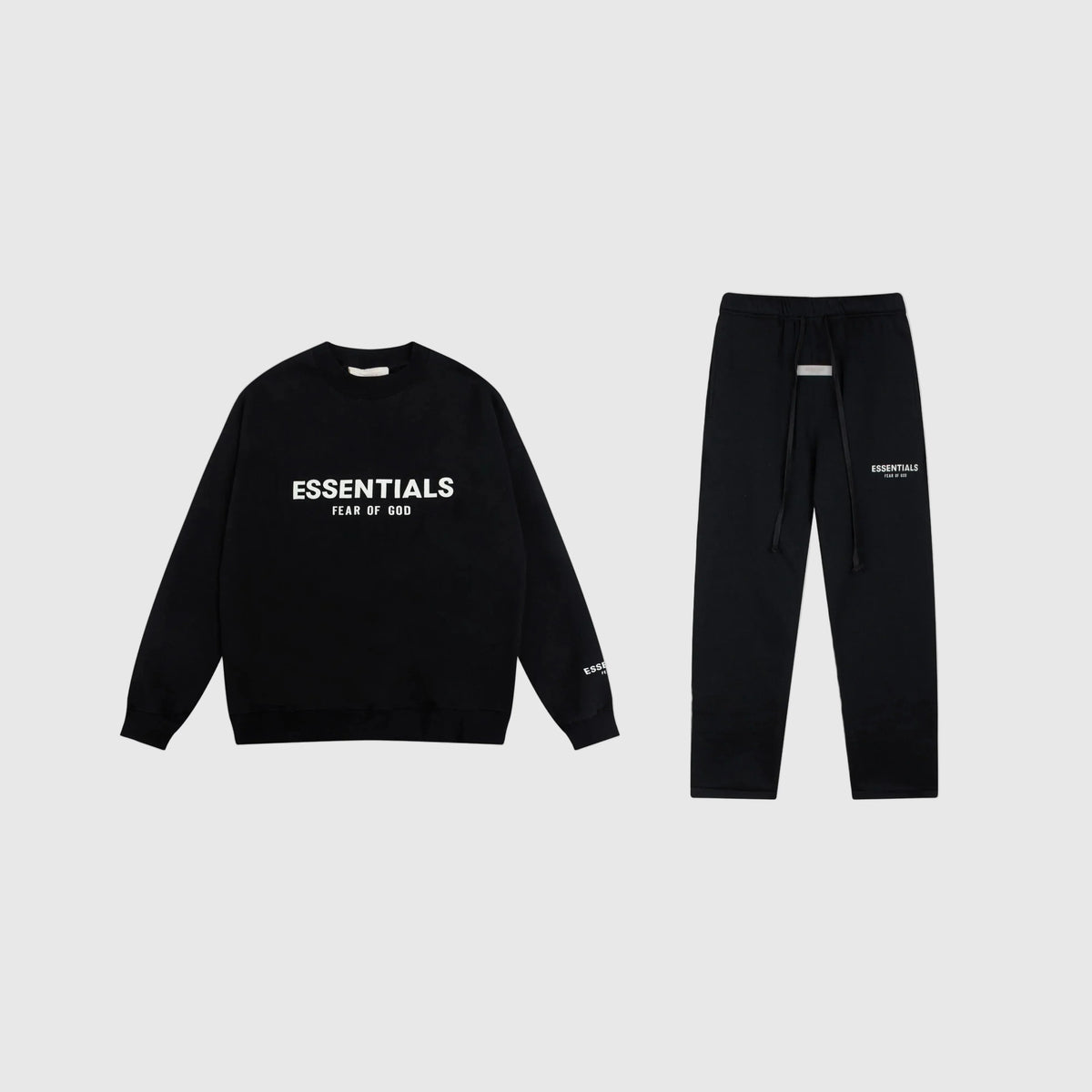 Fear of God Essentials Black Tracksuit – Classic Fit Crewneck & Jogger Set